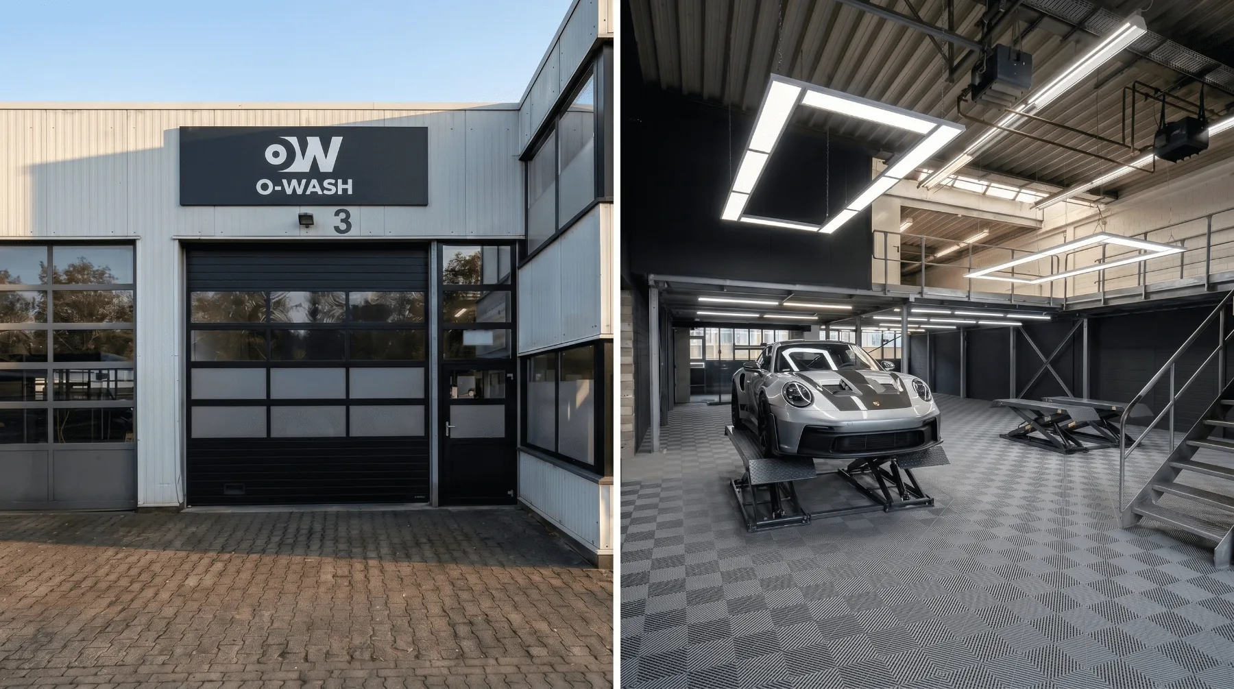 O-WASH Halle in Bad Honnef-Himberg: Eingang mit Logo-Schild und Porsche GT3 RS auf der Hebebühne