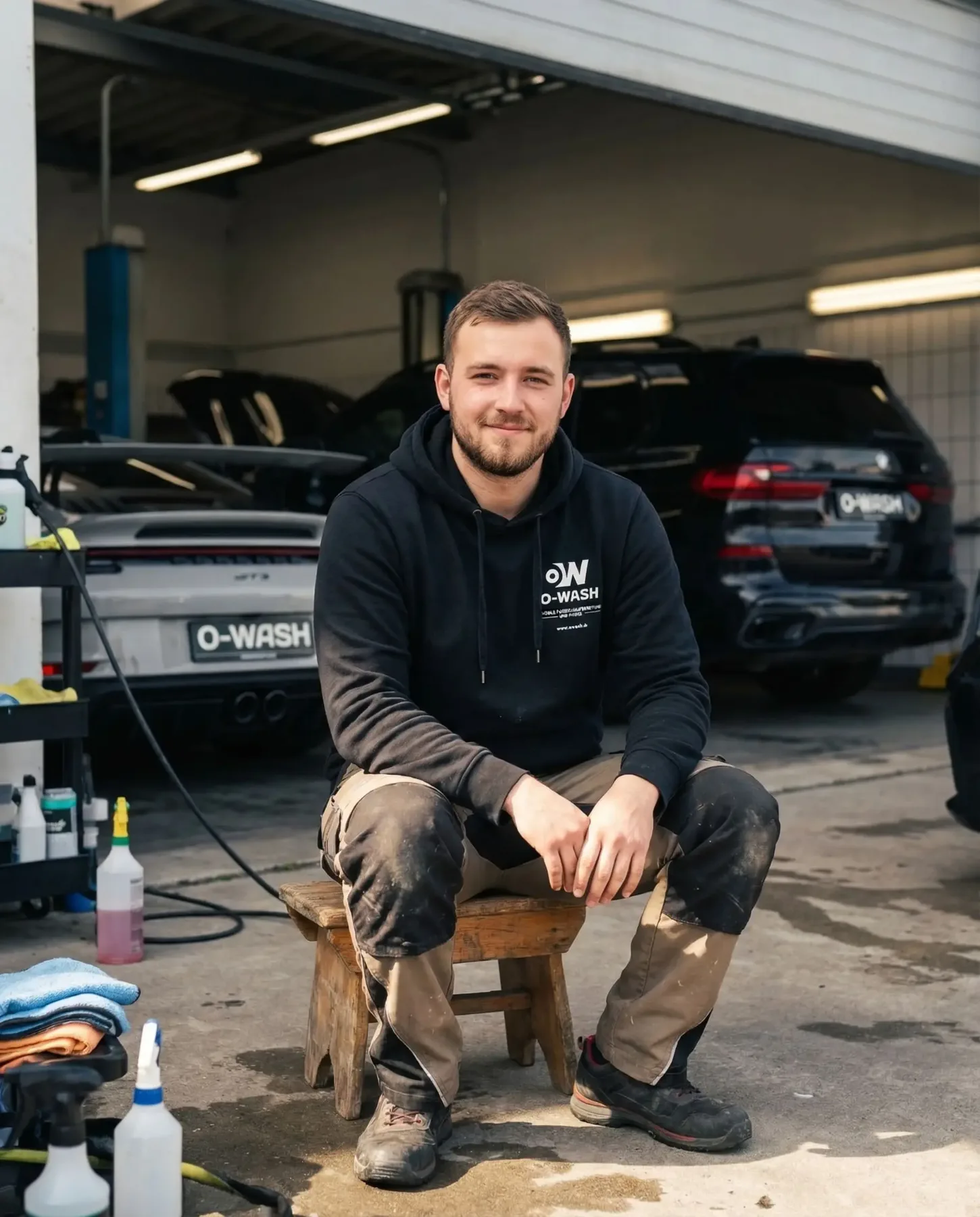 O-WASH Mitarbeiter vor der Halle mit Firmenwagen und Porsche